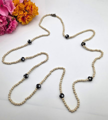 Cream Natural Stone Black Polka Dot Glass Bead Necklace 48″ Artisan Signed