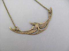 Art Nouveau Bird Necklace Egyptian Revival Pendant Oxidized Brass Chain Birthday