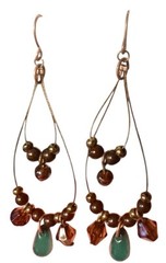Copper Wire Dangle Burgundy Tourmaline Beads Pierced Earrings W/Green Jasper