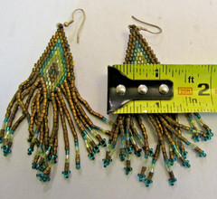Handcrafted Diamond-Shaped Seed Bead Pattern Earrings Bronze Green Aqua Colors