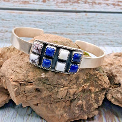 Southwestern Lapis Wild Horse White Buffalo Cuff Bracelet Sterling Silver