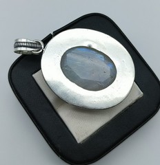 Blue Fire Moonstone Silver Pendant Necklace-NaturalWhite Rainbow Faceted Pendant