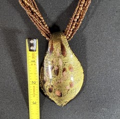 Art Glass Pendant Necklace. Teardroped Shaped Pendant. 9 Strands Of Bronze Beads
