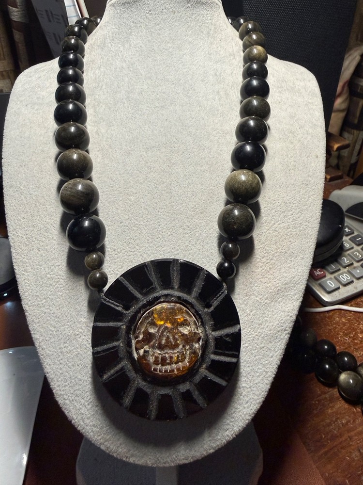 Piedra de Muerte, Stone of Death, Mexican, Obsidian Amber Pendant, Necklace, #H