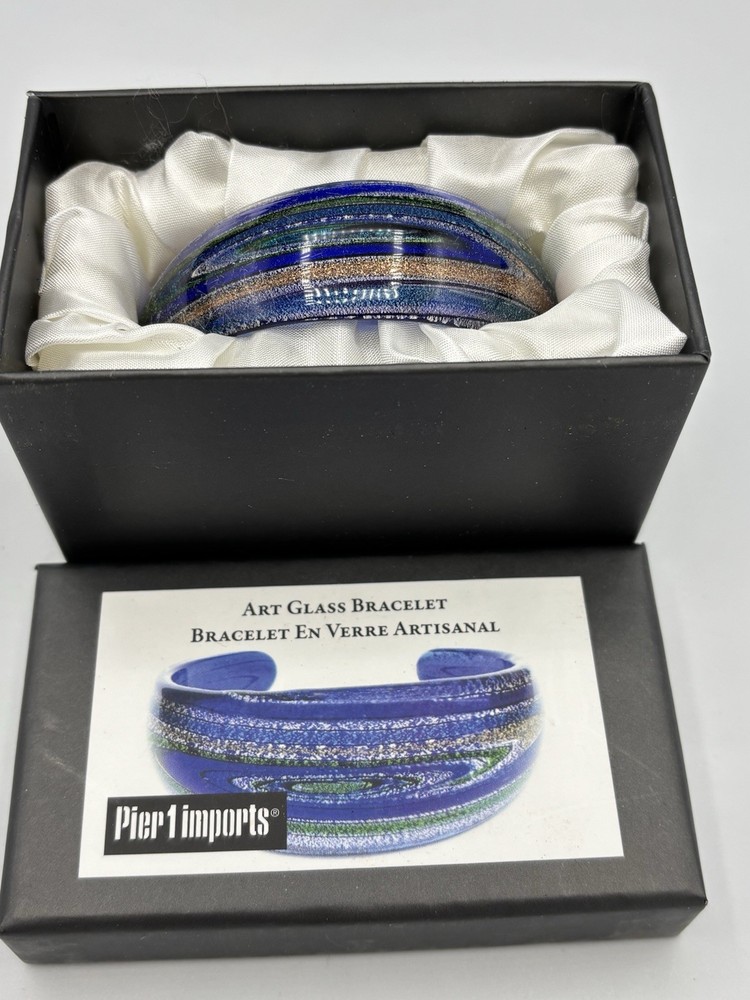 Pier 1 Imports Art Glass Cuff Bracelet En Verre Artisan Blue Gold Green Swirls