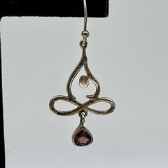 Sterling Silver Pierced Earrings Garnet Gemstone Artisan Twist Dangle