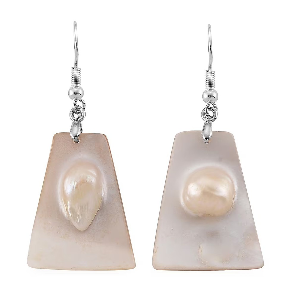 White Mother of Pearl Blister Pearl Earrings in Silvertone