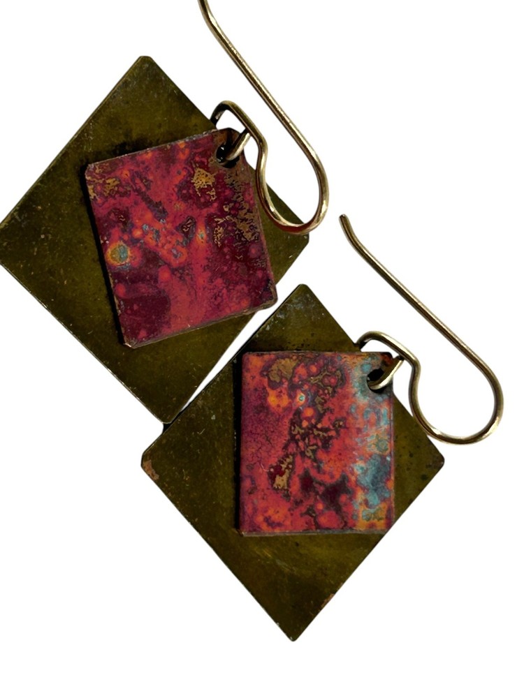 Brass Copper Dangle Earrings Geometric Square Red Patina Artisan