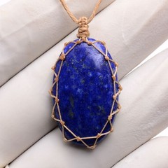 Handmade Natural Lapis Lazuli Cabochon Bohemian Macrame Necklace Healing Pendant