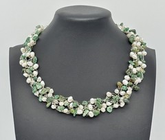 Artisan-Made Collar Necklace .999 Fine Silver W/Jade Chips And Freshwater Pearls