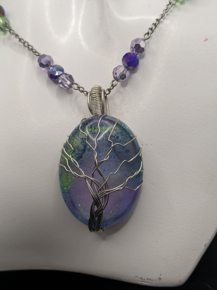 Wire Wrapped Tree Of Life Pendant On A Beaded Chain And Earrings.