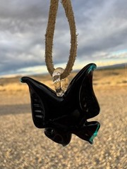 Hand Blown Art Glass Butterfly Pendant – Black & Teal