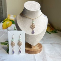Jewelry Set Nature Inspired Leaf Tree Branch Pendant Lavender Jade Boho Casual