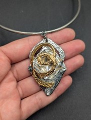 J Jansen Brustalist Modernist Silver Gold Tone Crystal Pendant Necklace