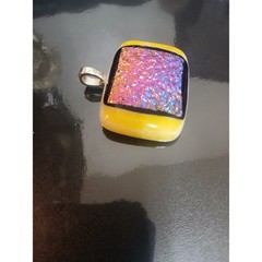 Dichroic Fused Glass Pendant Yellow White Pink Blue Art Glass Heart Bail