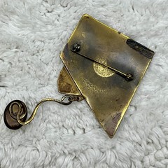 Brutalist Metal Brooch Faux Pearl Dangle Handcrafted LARGE 3.25″