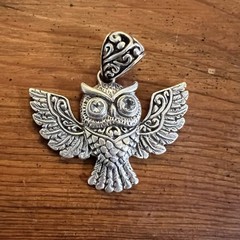 Vintage Artisan Bali Style Winged Owl Blue Topaz Eyes Sterling Silver Pendant