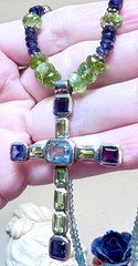LOVELY Designer Sterling Silver, Blue Topaz, Iolite & Peridot Cross Necklace