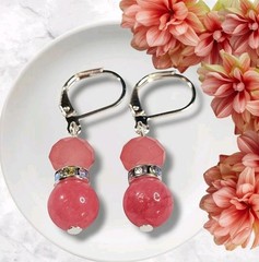 Pink Jade Gemstone & Crystal Silver 14k Plated Earrings Leverback Dangle