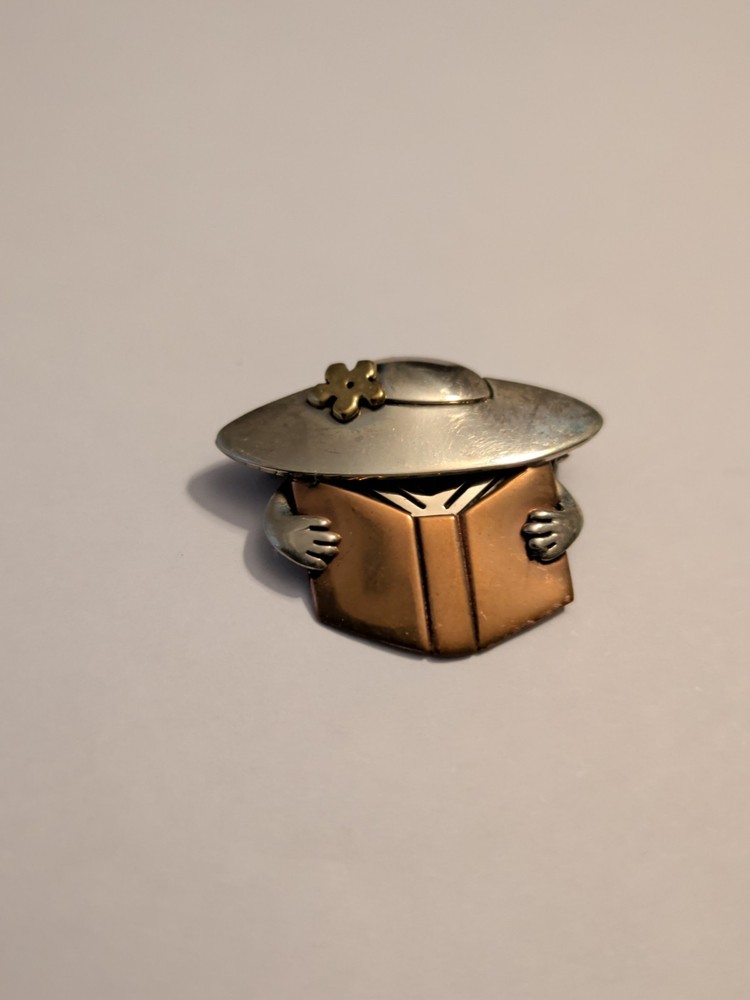 Far Fetched Book Lady Pin Brooch Mixed Metal Librarian Library Read Woman Hat