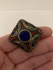 Tibetan Style Artisan Mosaic Resizable Ring Natural Lapis Lazuli, Coral