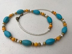Necklace of Turquoise and White Magnesite Stone Orange Shell and Gold Tone Beads