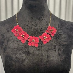 Bold Red Layered Flower Statement Necklace Gold Chain Glam Floral Jewelry