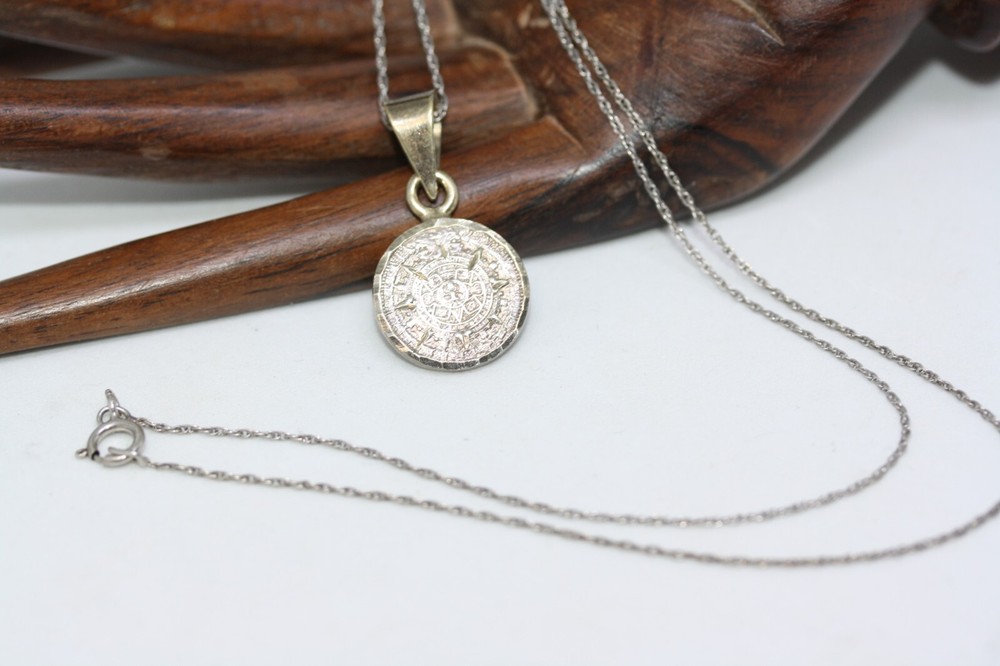 New Mexican Aztec Mayan Calendar Pendant 925 Sterling Silver 20″Unisex Necklace