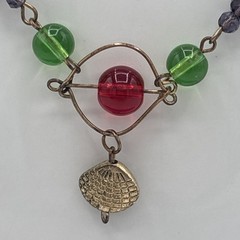 Vintage Green Purple Glass Bead Shell Pendant Necklace Handmade Artisan 20”