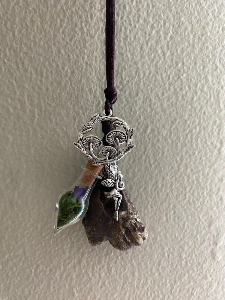 Hag Stone Faerie Mushroom Necklace Vial Moss Dried Purple Flower