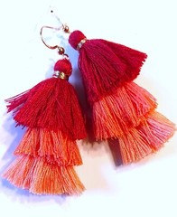 triple FRINGE RED CORAL PINK Gold color earring fish hook handcrafted