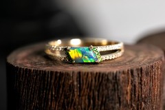 Black Opal Split Shank Engagement Ring with Diamond 14K Yellow Gold