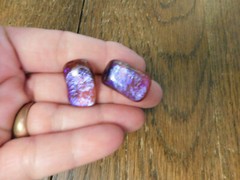 DICHROIC Glass EARRINGS purple red Surgical Steel Retangle 1″ L Pretty & Shiny!