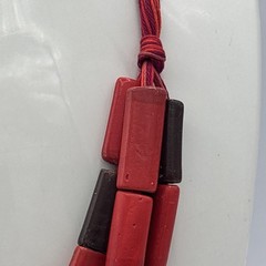 Boho Adjustable Cord Necklace Red Brown Resin Tube Beads Artisan Statement 22”