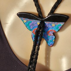 Vtg Handcrafted Glazed Ceramic Butterfly Lariat Necklace Bolo Tie? Signed Cord