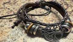 Braided Leather Bracelet Tree of Life Charm Brown Silver Adjustable Unisex