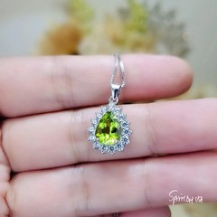 Genuine Teardrop Green Peridot Necklace Diamond Halo Pear Natural 2 CT Green
