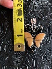 Artisan Made Orange Picture Jasper Handcarved Butterfly Pendant Black Onyx 2″