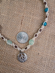 New Natural Hemp Necklace W/ Peace Sign Charm & Mixed Beads 16 in Twist Macrame