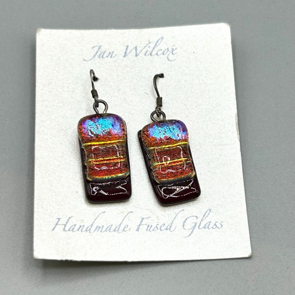 Jan Wilcox Fused Glass Earrings Handmade Sterling Silver Hooks Dangles Drops