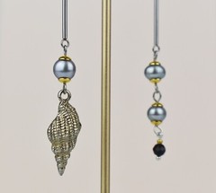 Auger seashell drop earrings, accent gray pearl mismatched earrings