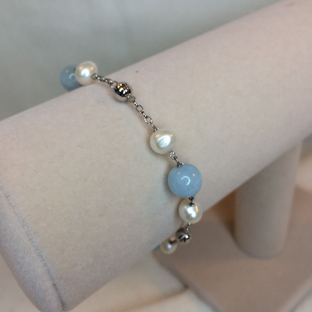 6-7MM white cultured FW pearl & aquamarine sterling silver 7.5″ bracelet NEW