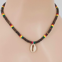 Cowrie Shell Pendant Rasta Coconut Beads 18″ Necklace JAH Reggae Jamaica 7001-63