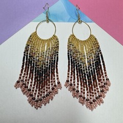 Handmade Gold Black Brown 3.75” Beaded Dangle Hoop Seed Bead Earrings Stainless