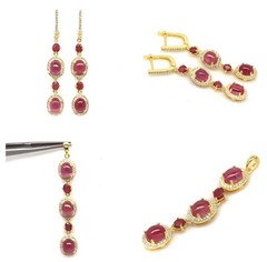 Pink Ruby 6x7mm, Zircon PAVE Dangle Earrings And Pendant Set 925 18k Gold Plated