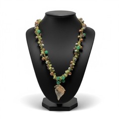 Artisan Gemstone & Glass Necklace Leaf Pendant Handcrafted