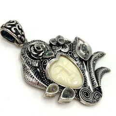 Sterling Silver Pendant Carved Goddess Face Faceted AB Rhinestones