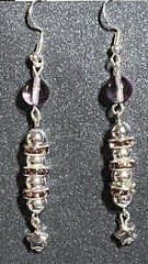 Lavender Glass Beads With Purple Rhinestone & Silver Spacer Beads Hook Earrings