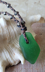 Green Sea Glass Necklace Gift Men Women Artisan Cotton Braid Handmade
