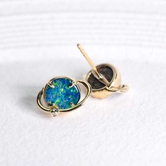 Saturn Design Doublet Opal Stud Earrings 14K Yellow Gold